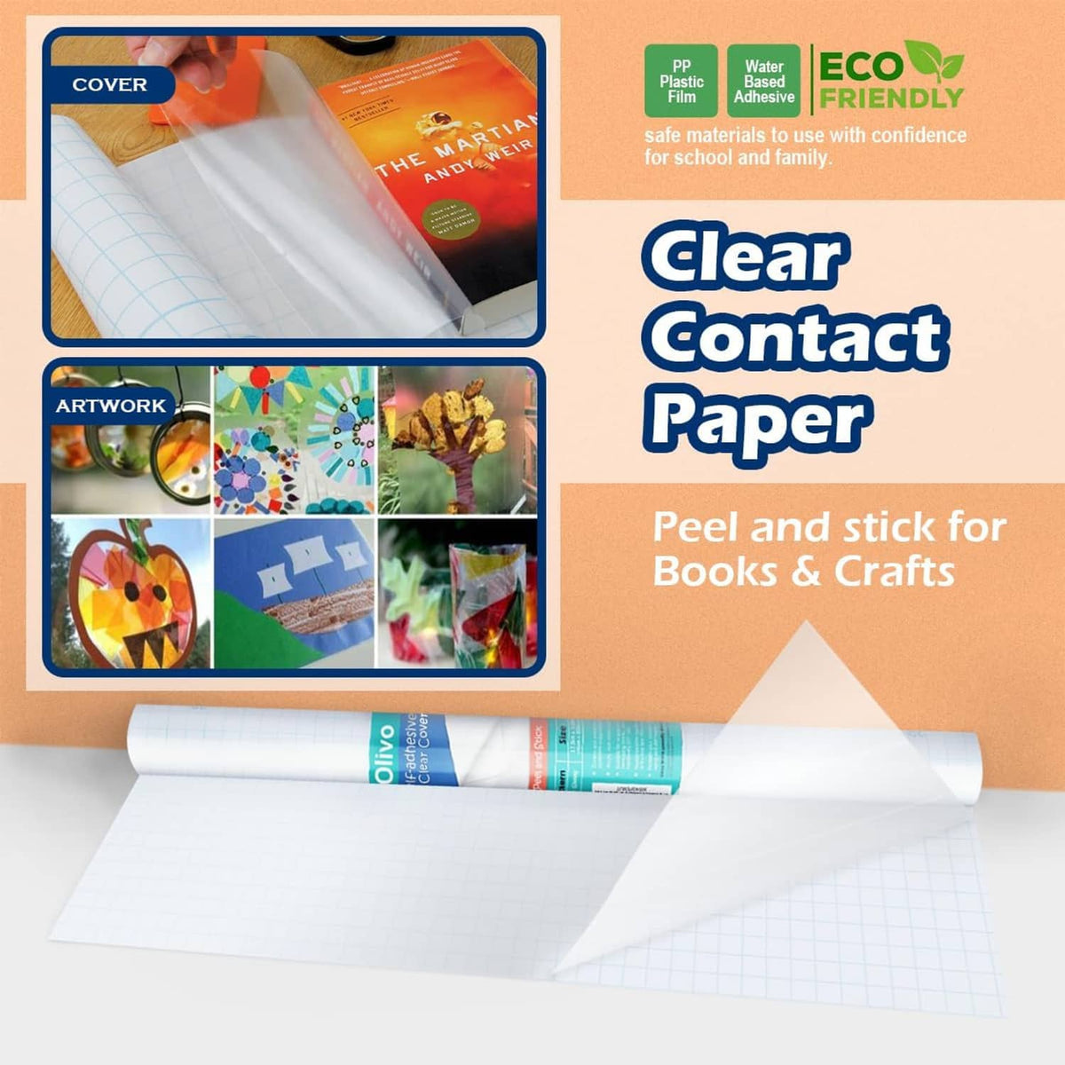 Clear contact paper with peel-and-stick backing, Olivo Eco Friendly packaging