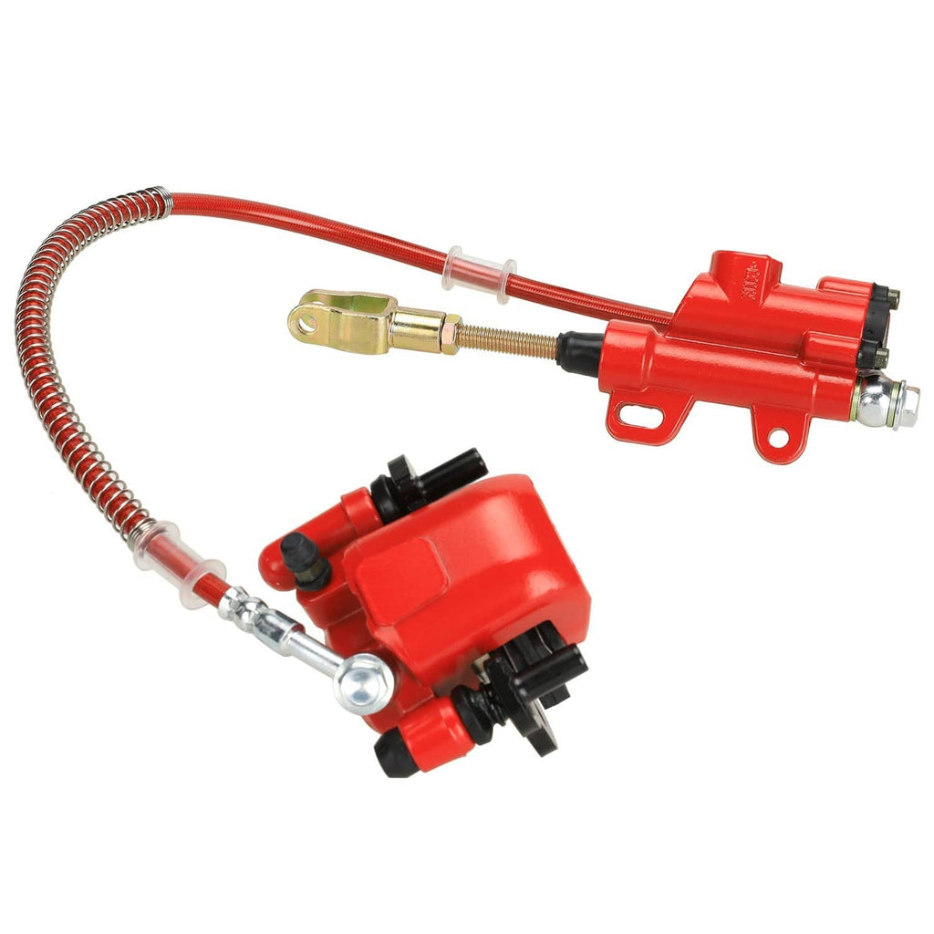 Red rear brake caliper and master cylinder with flexible brake line and mounting hardware