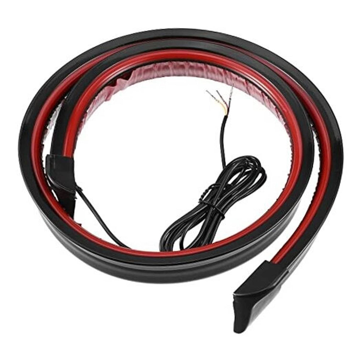 Universal car spoiler LED strip with red glow trim and wiring harness, black mount tips