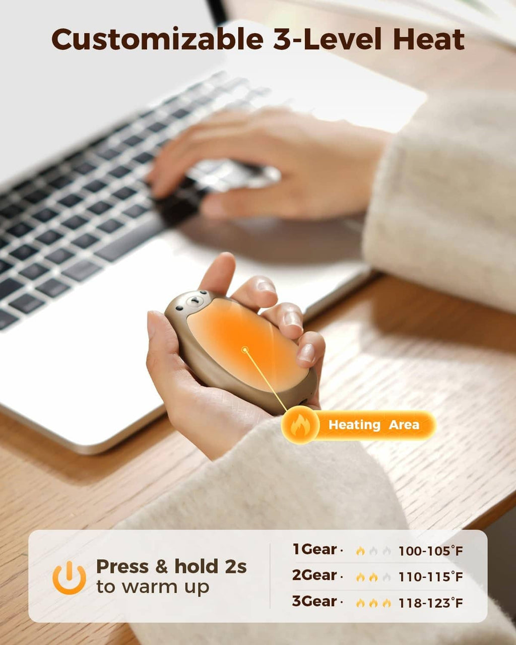 Brown bear hand warmer with glowing heating area, compact rechargeable design
