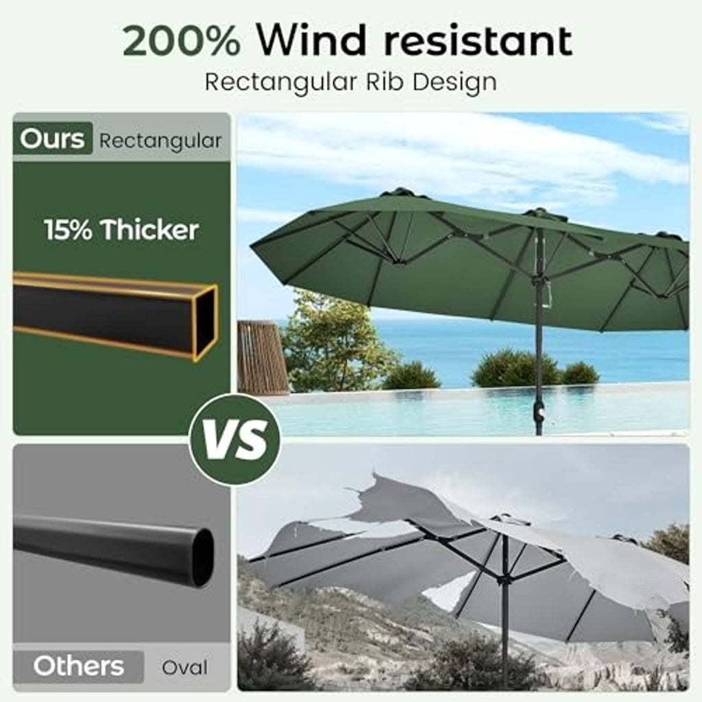 Dark green patio umbrella canopy with rib frame shown outdoors