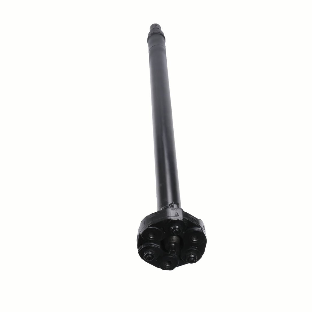 Front drive shaft with flange yoke and bolt holes, black metal