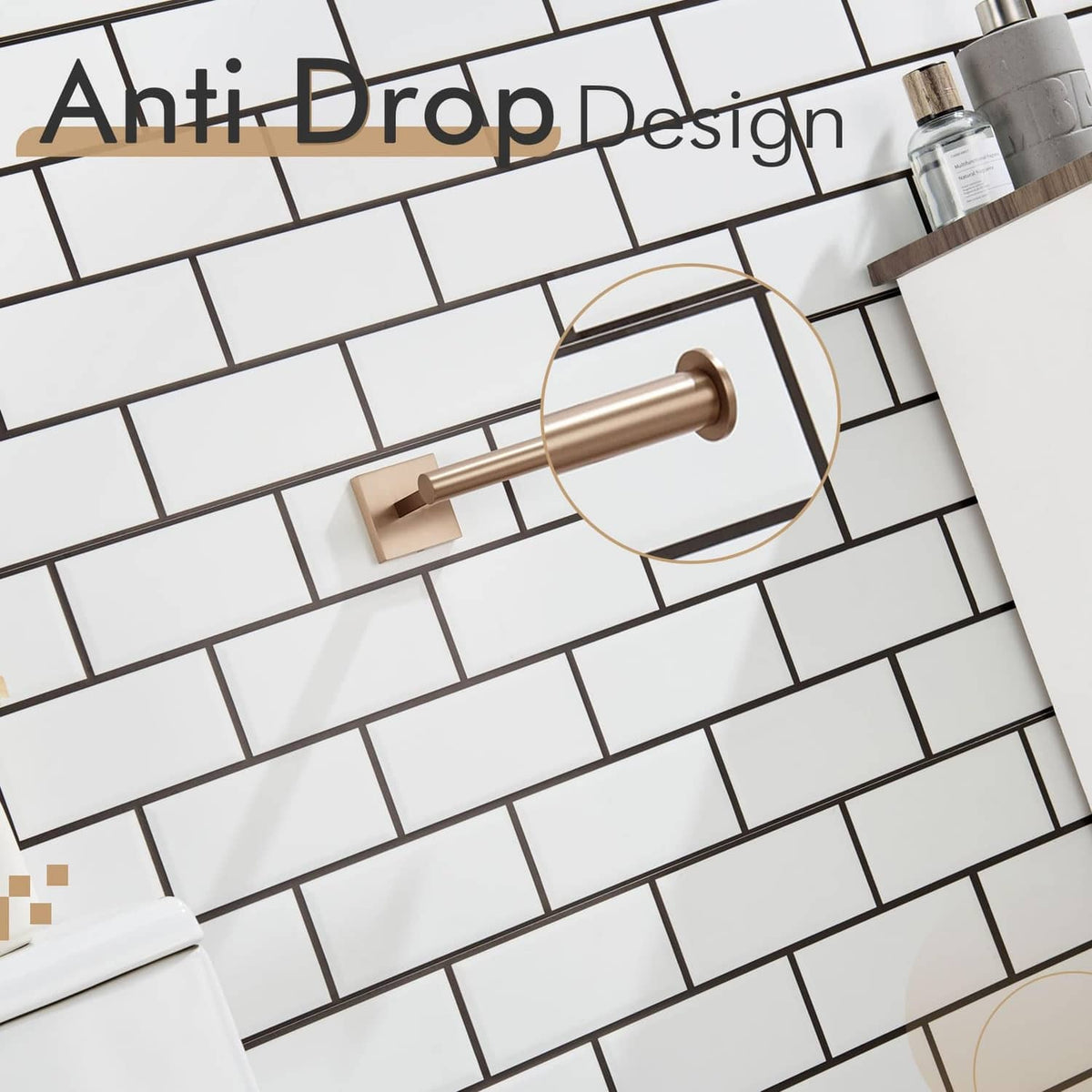 Vertical toilet paper holder with anti-drop design, champagne bronze bar and bracket