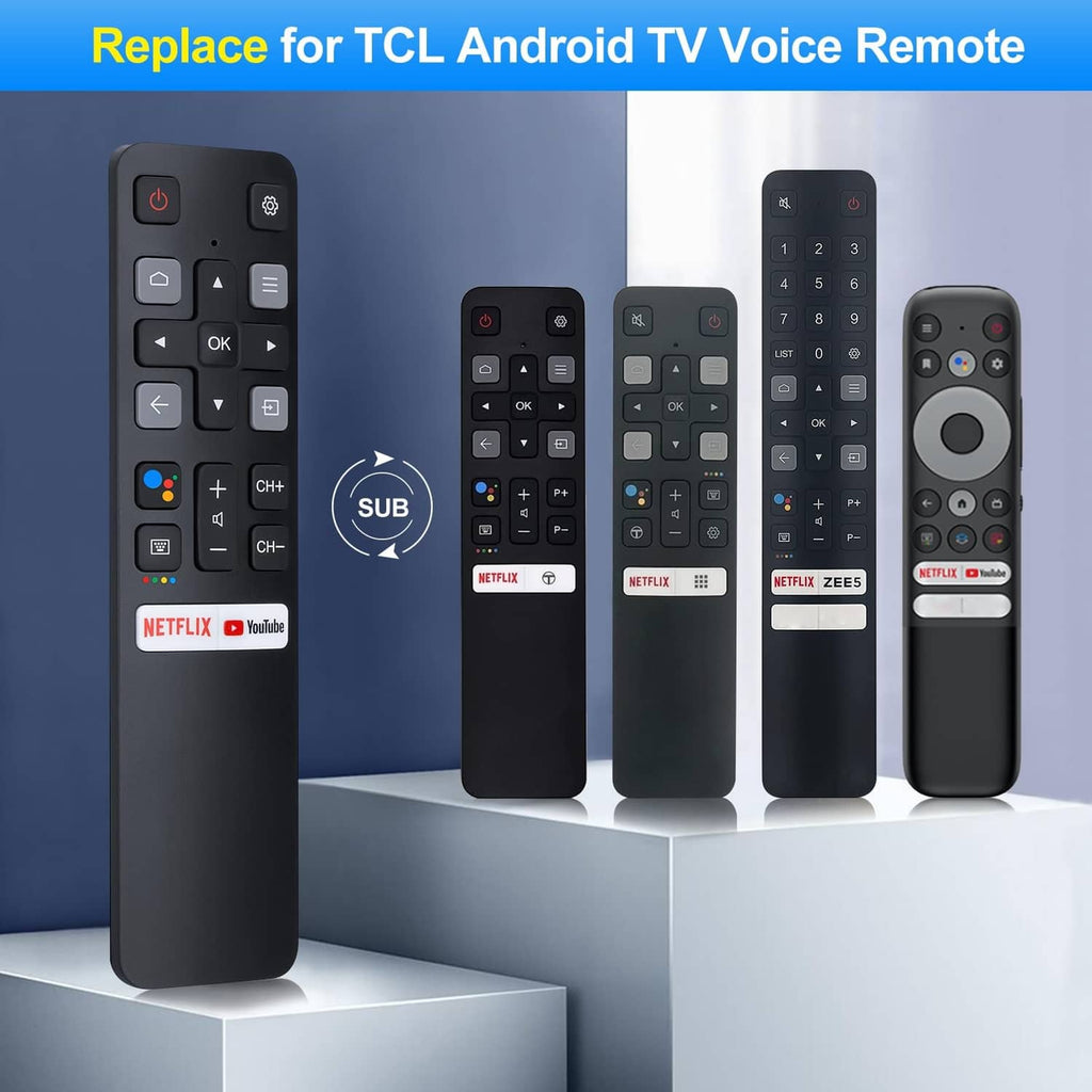 Black voice TV remote lineup with channel controls and Netflix/YouTube buttons
