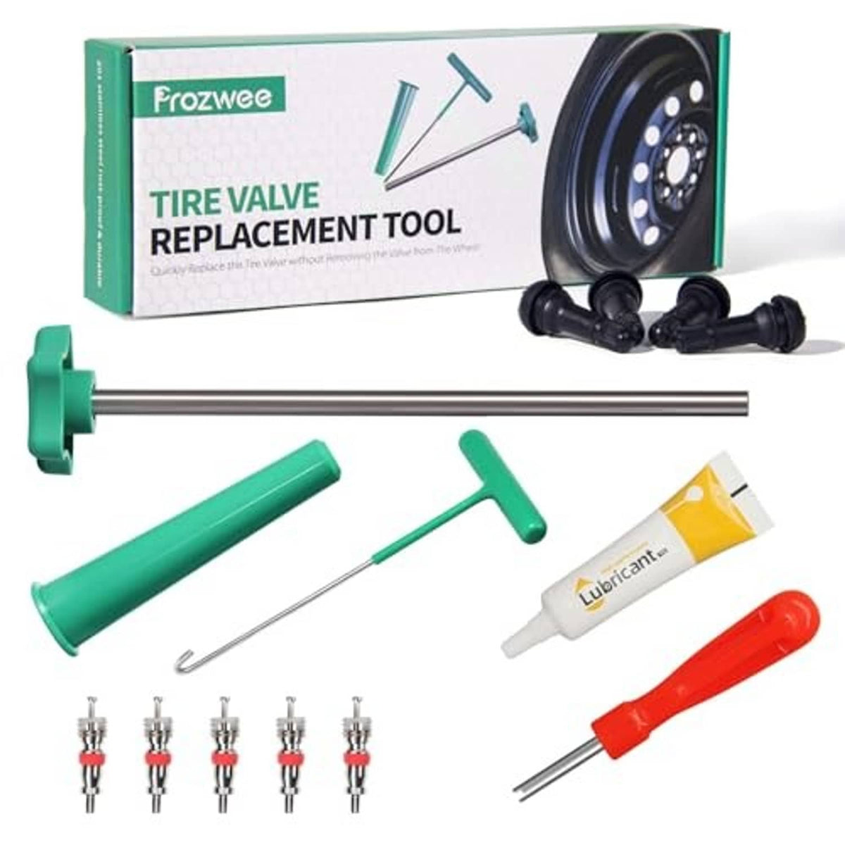 Tire valve replacement tool set with green lever, pull rod, lubricant tube, and 5 cores