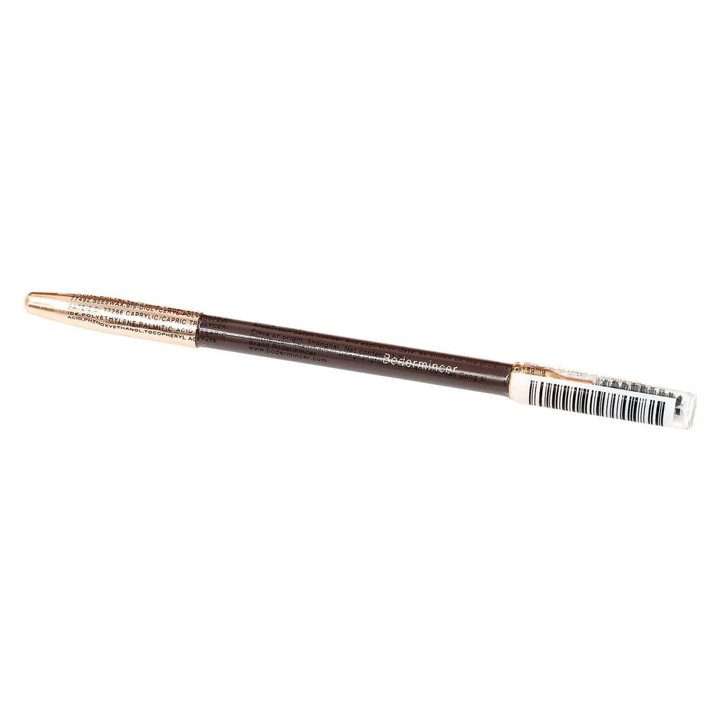 Brown eyebrow pencil with fine tip and spoolie brush, side view