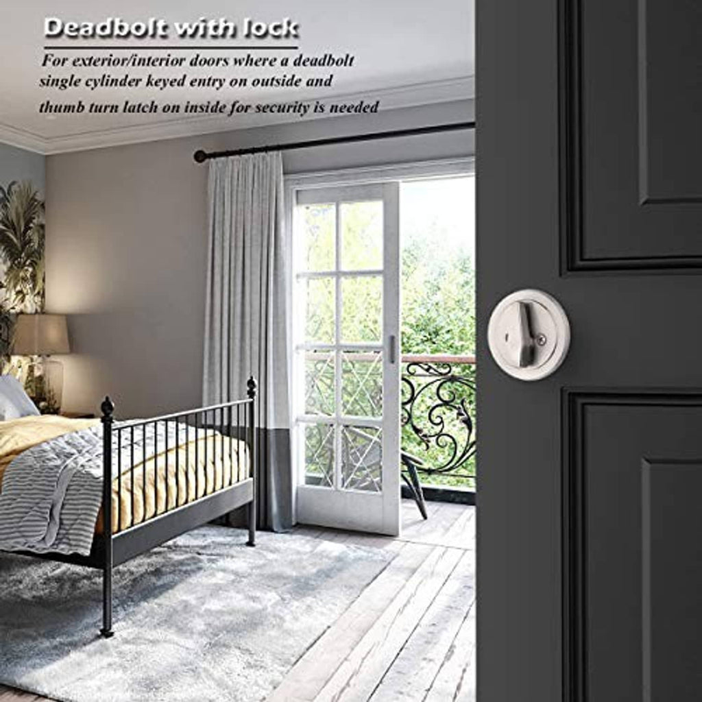 Satin nickel single-cylinder deadbolt with keyway, thumb-turn style lock
