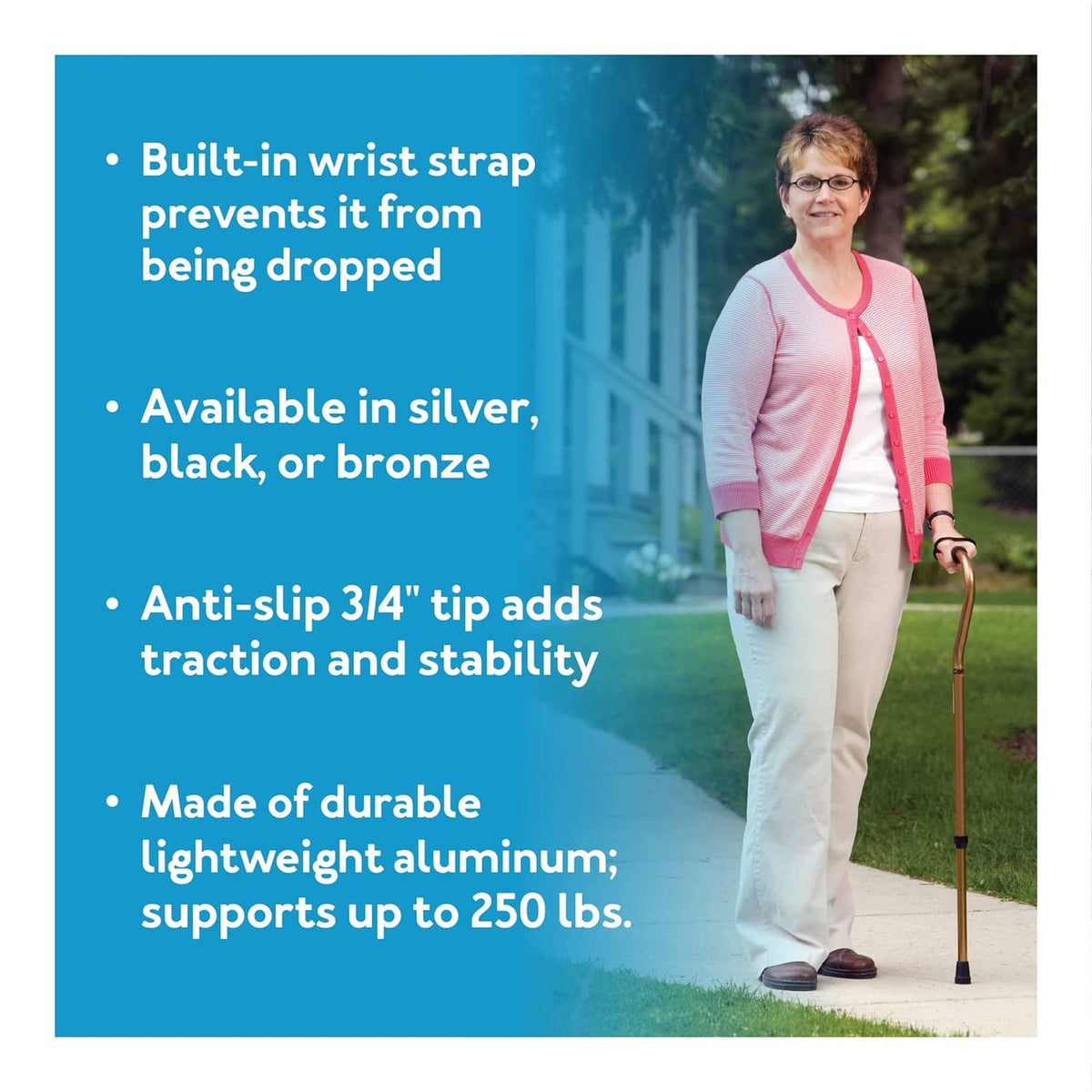 Offset cane with cushioned handle, black wrist strap, and anti-slip 3/4 tip