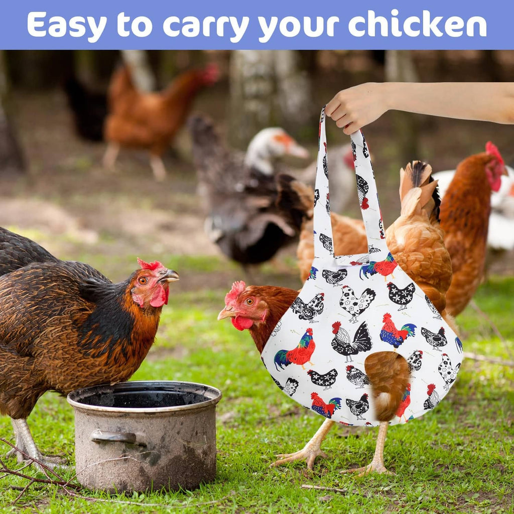 White poultry carrier sling with handle, rooster print, carrying live hens outdoors