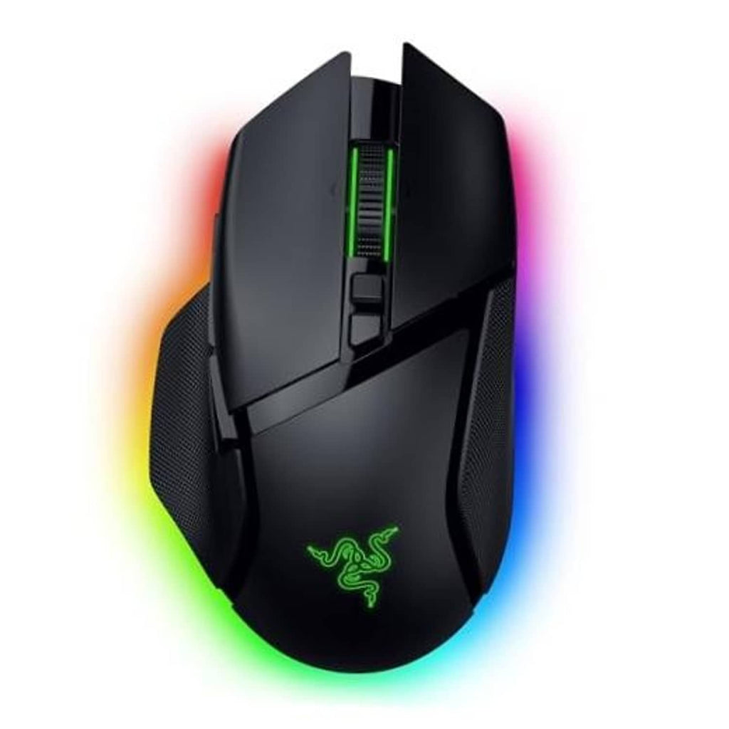 Black wireless gaming mouse with green-lit logo and illuminated HyperScroll tilt wheel