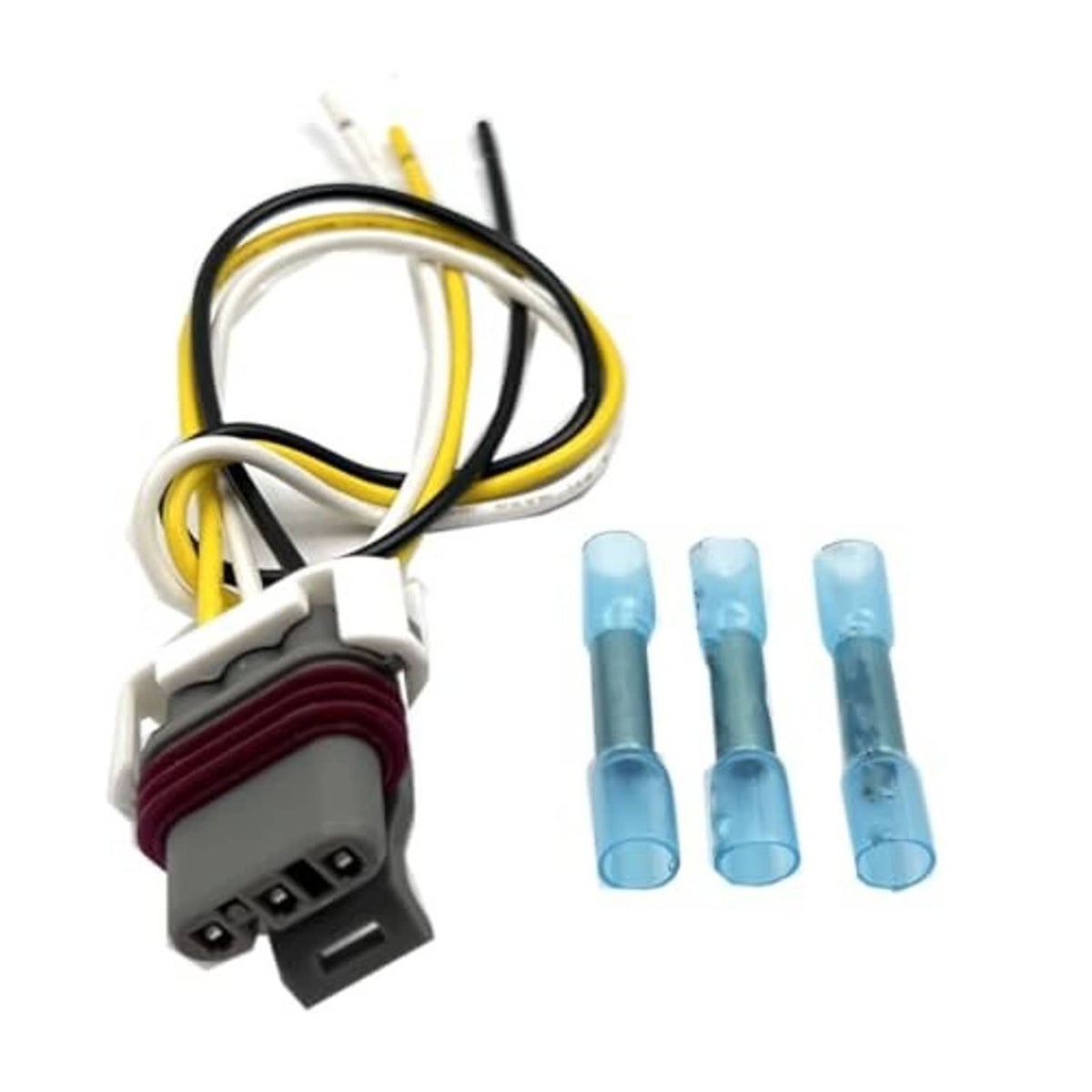 Crankshaft sensor wiring harness with gray connector, red insert, black/yellow wires, 3 blue terminals
