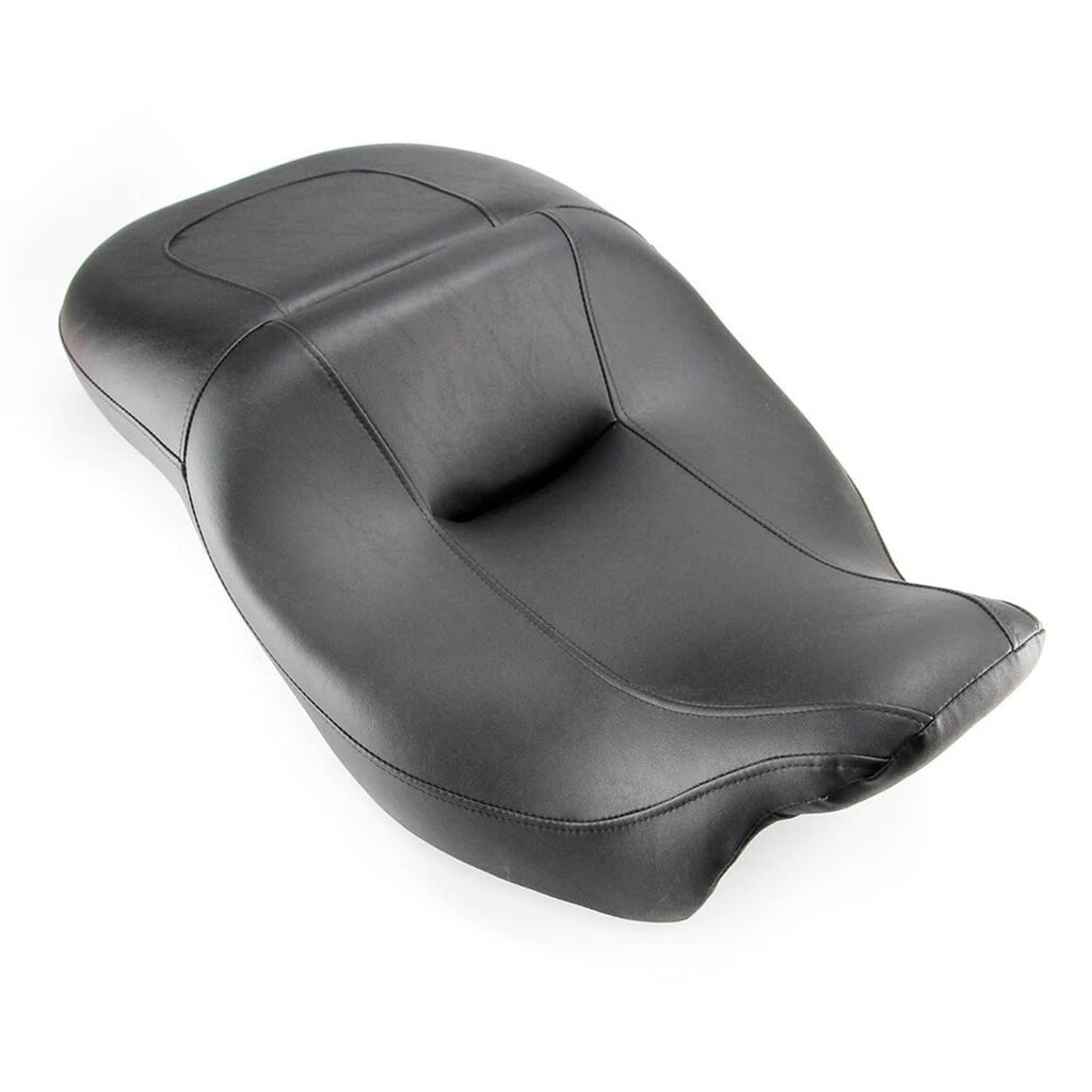 Two-up motorcycle seat, black contoured cushion with visible stitching and raised back pad