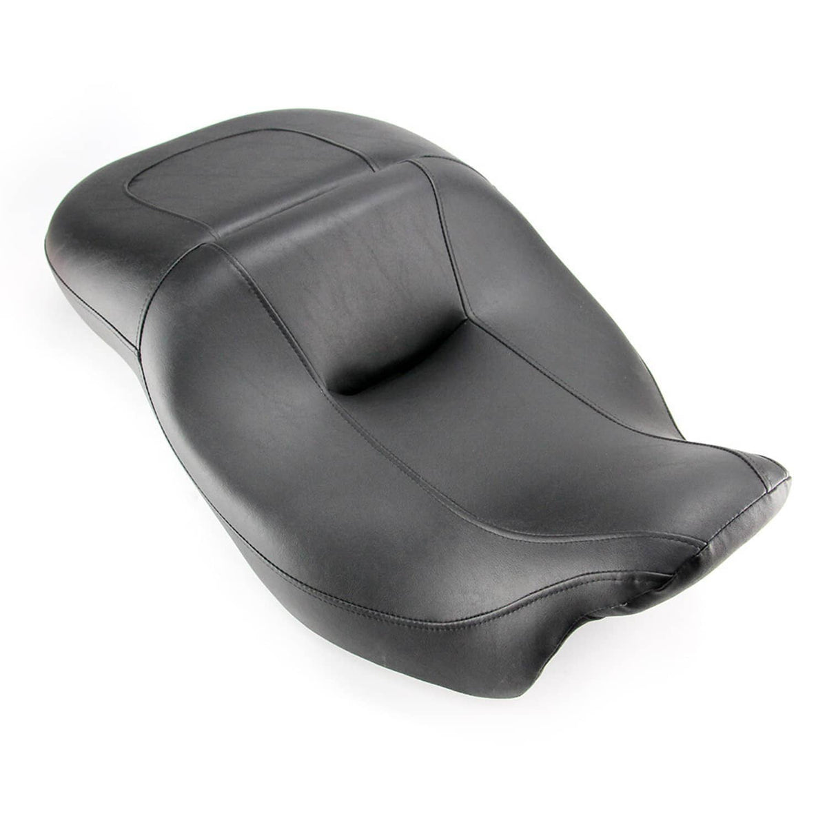 Two-up motorcycle seat, black contoured cushion with visible stitching and raised back pad