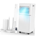 White portable air conditioner with front vent and attached exhaust hose, on caster wheels