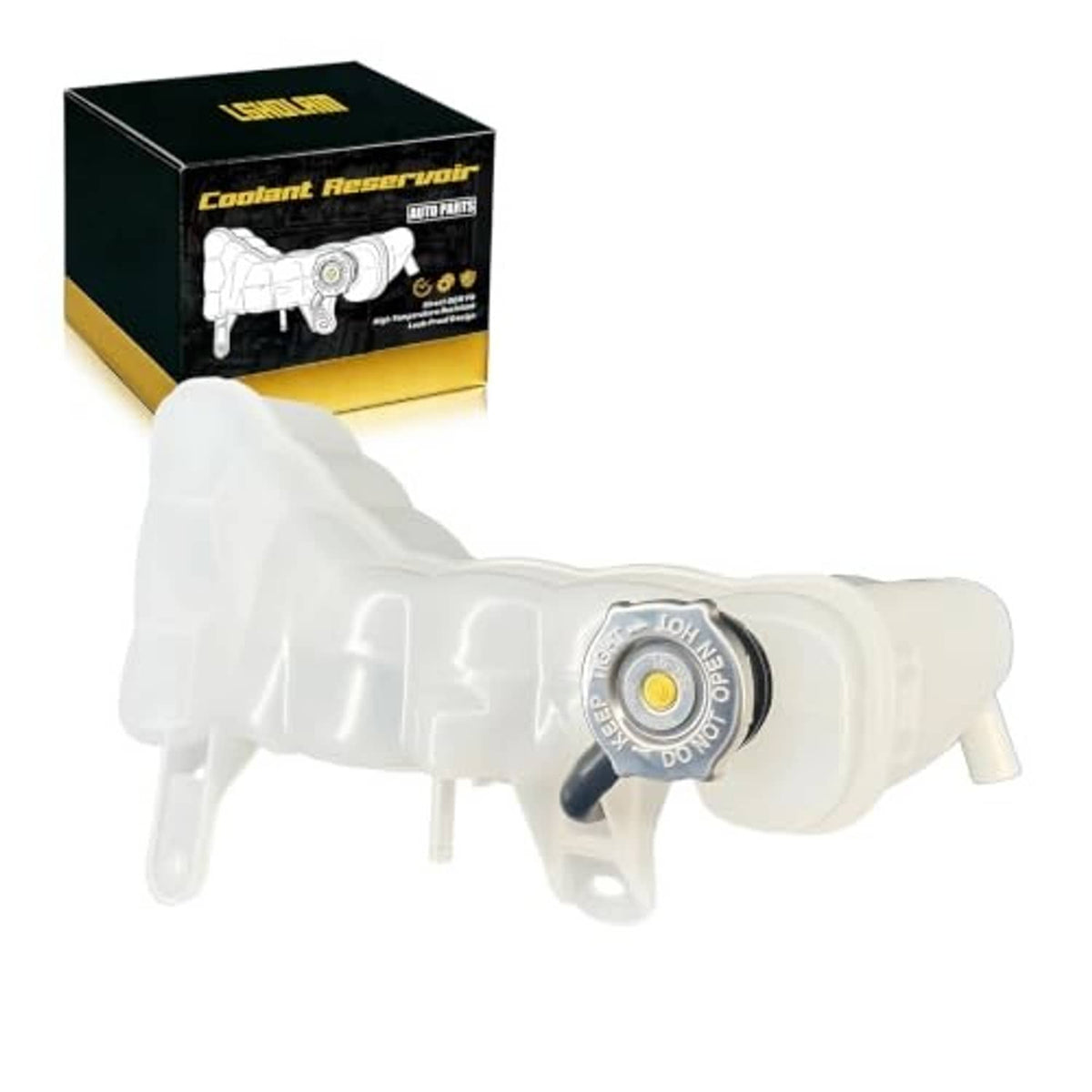 Engine coolant reservoir tank in white plastic with round cap, angled view