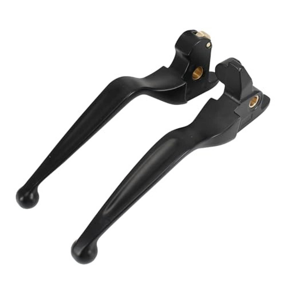 Black brake and clutch lever set with gold-colored bolt openings and curved arms