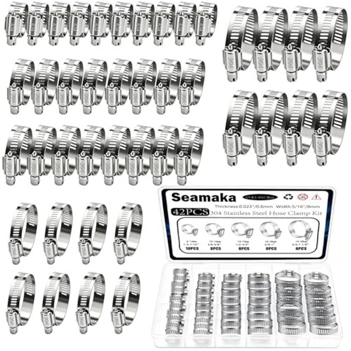 Stainless steel hose clamp assortment, assorted band sizes with hex screw and perforated band