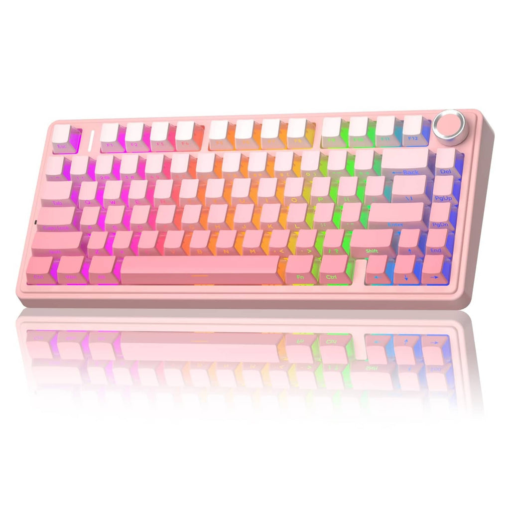 Pink wireless mechanical keyboard with colorful RGB keycaps and visible knob