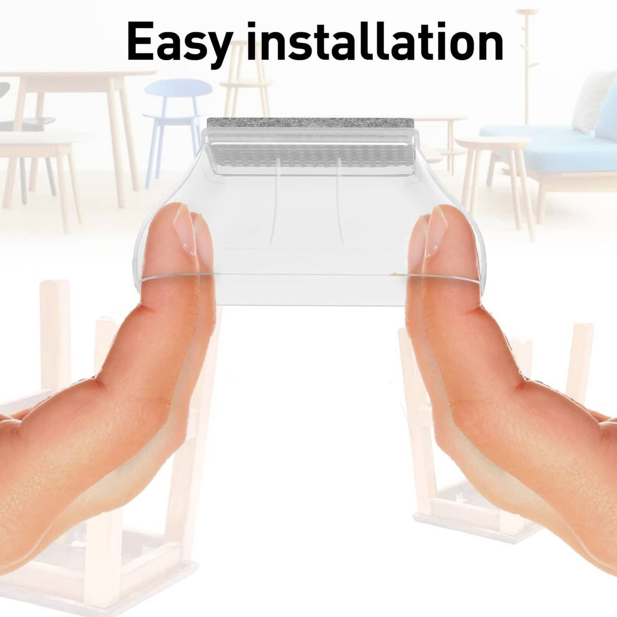 Clear chair leg protector being pressed onto chair legs