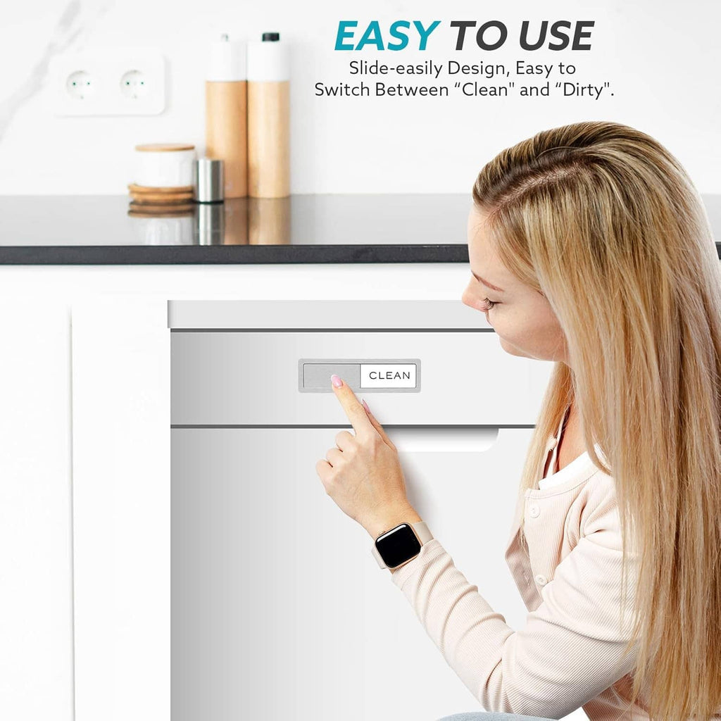 Dishwasher clean-dirty magnet sign showing “CLEAN” with white text on a light panel