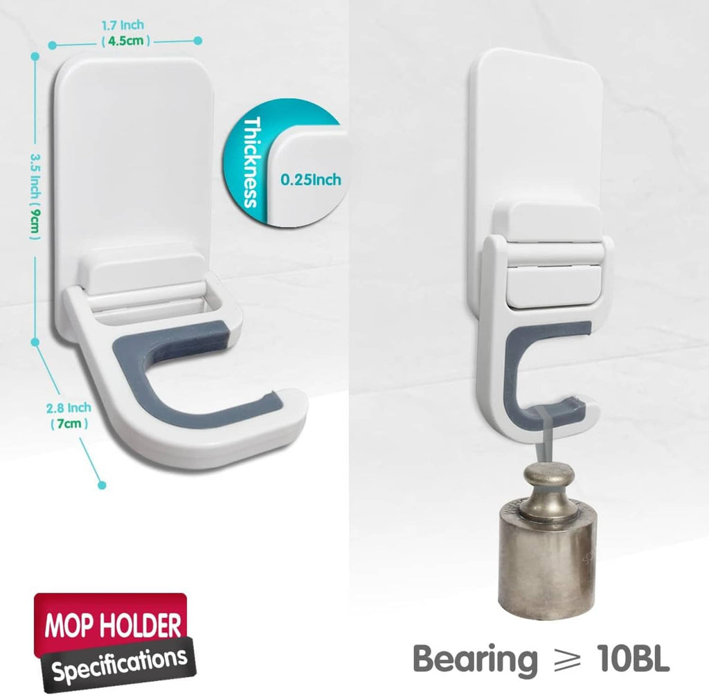 Mop holder wall mount gripper with measurements and white bracket, dark gray U rest