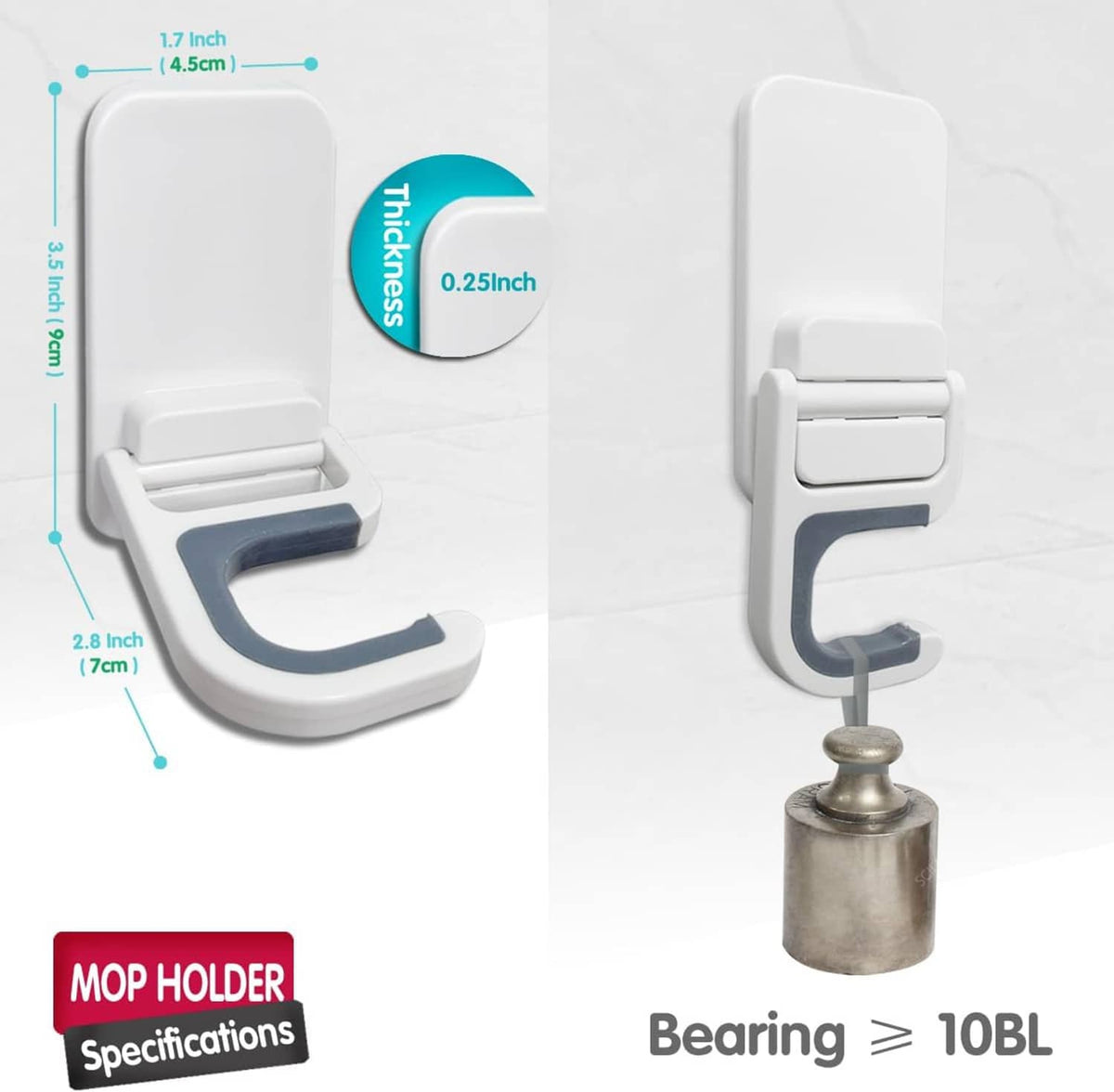 Mop holder wall mount gripper with measurements and white bracket, dark gray U rest