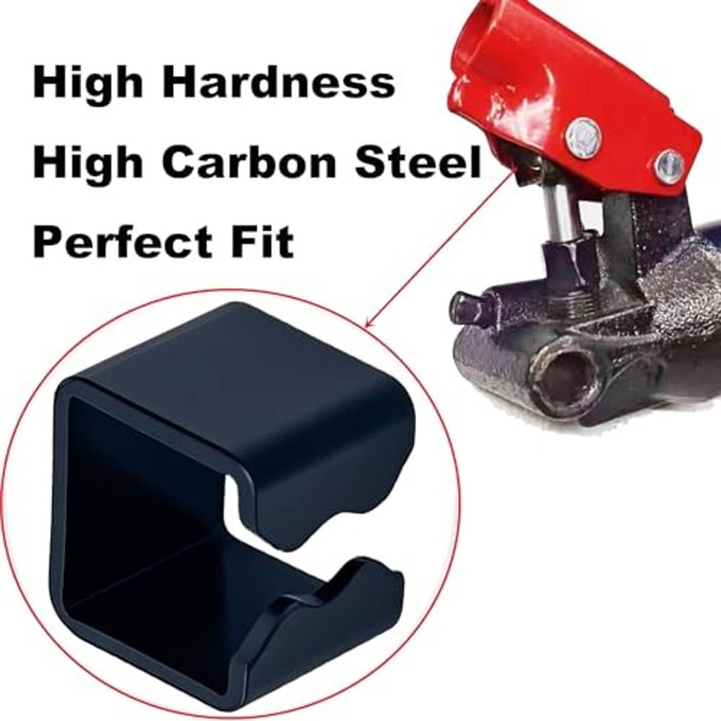 Black hoop clamp clip fitted to hydraulic jack rod end, curved jaw profile