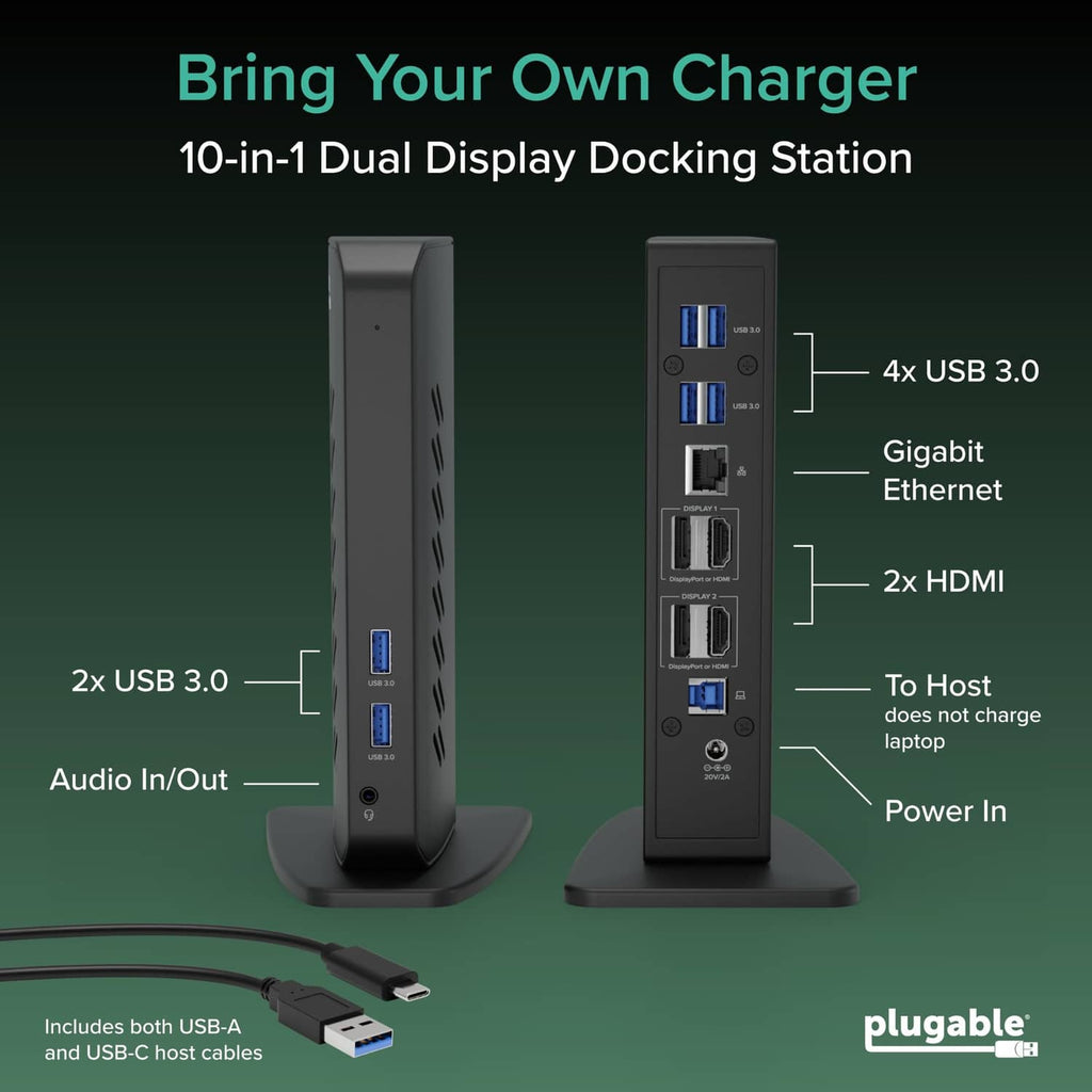 Dual display docking station shown from front on desktop stand with USB and HDMI ports