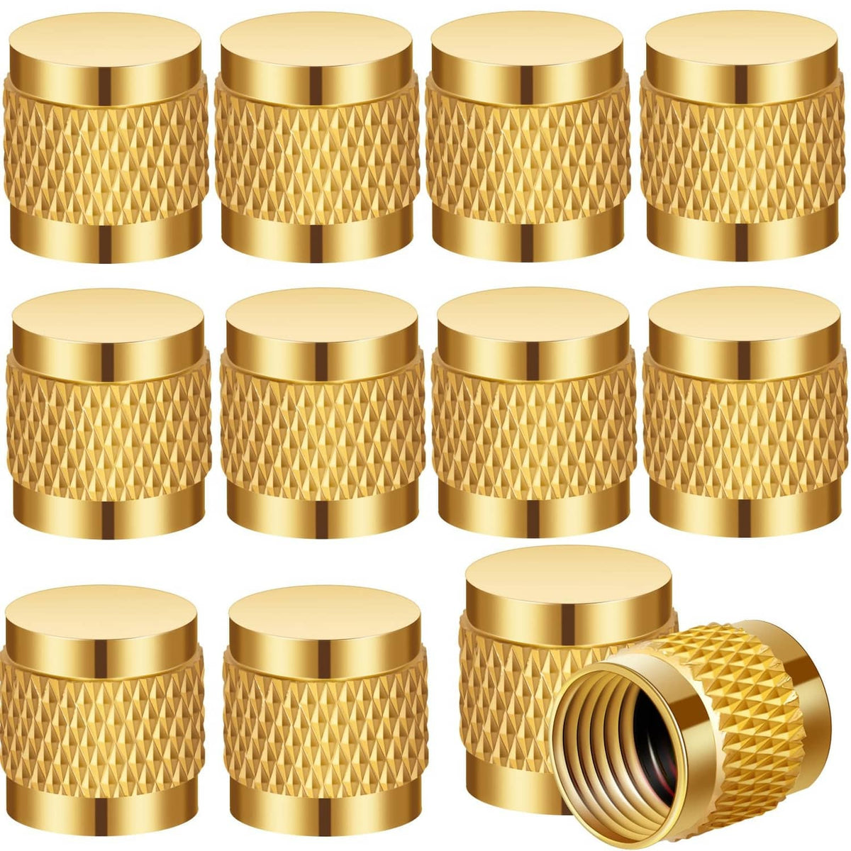 Set of gold brass flare cap valve covers with knurled grip and neoprene o-ring seal