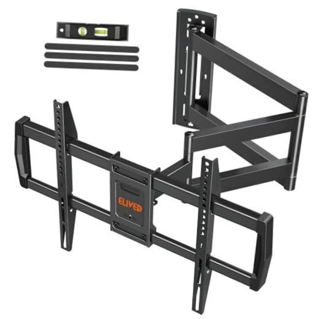 Black long-arm TV wall mount with multi-rail bracket and mounting plate