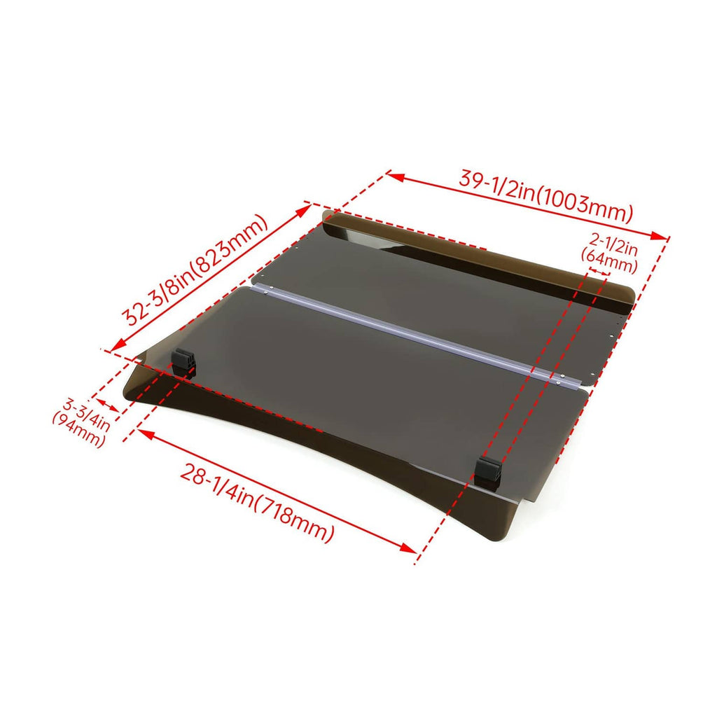 Folded windshield windscreen with bronze frame and dark tinted glass; size diagram