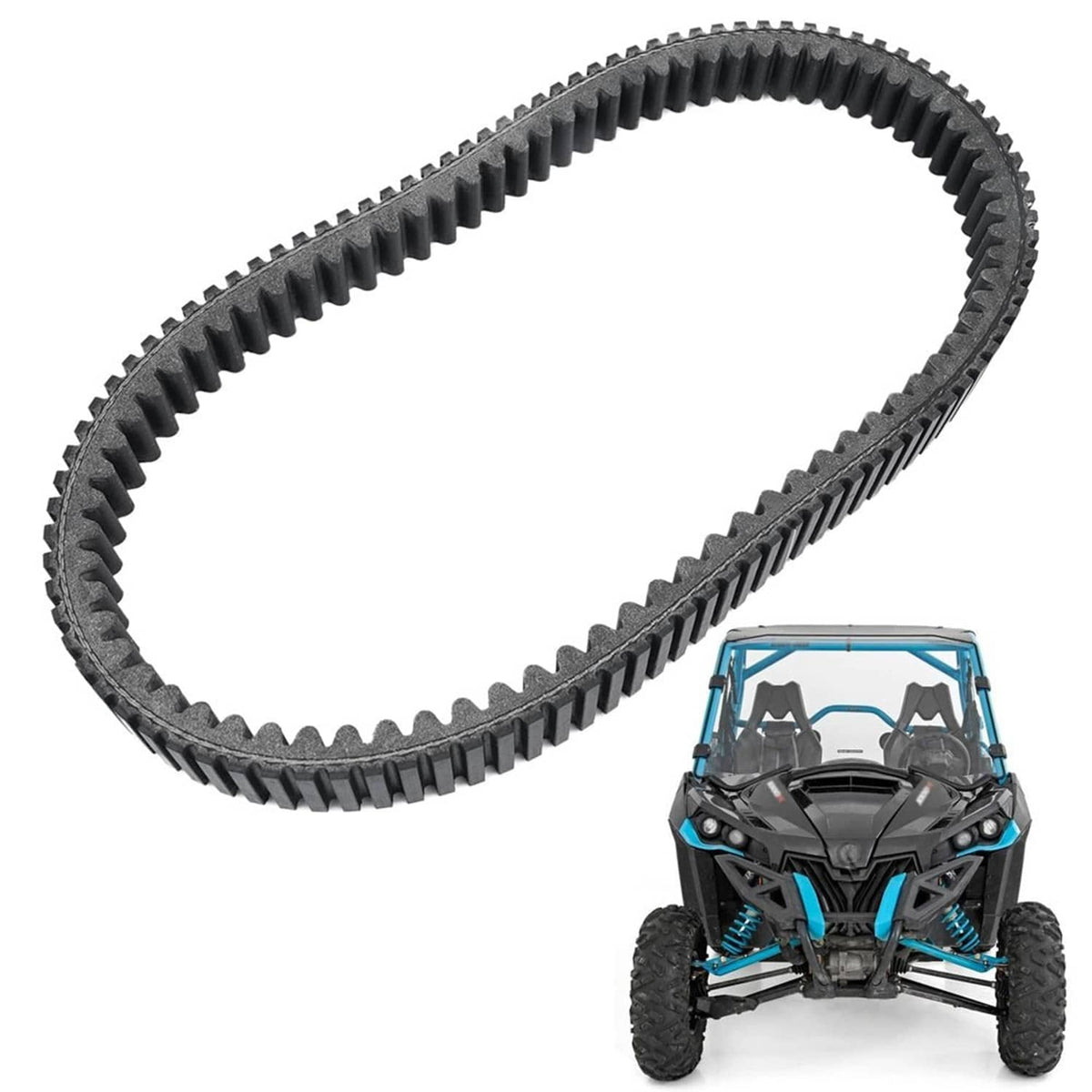 Black toothed clutch drive belt in an oval loop with straight gear teeth edges.