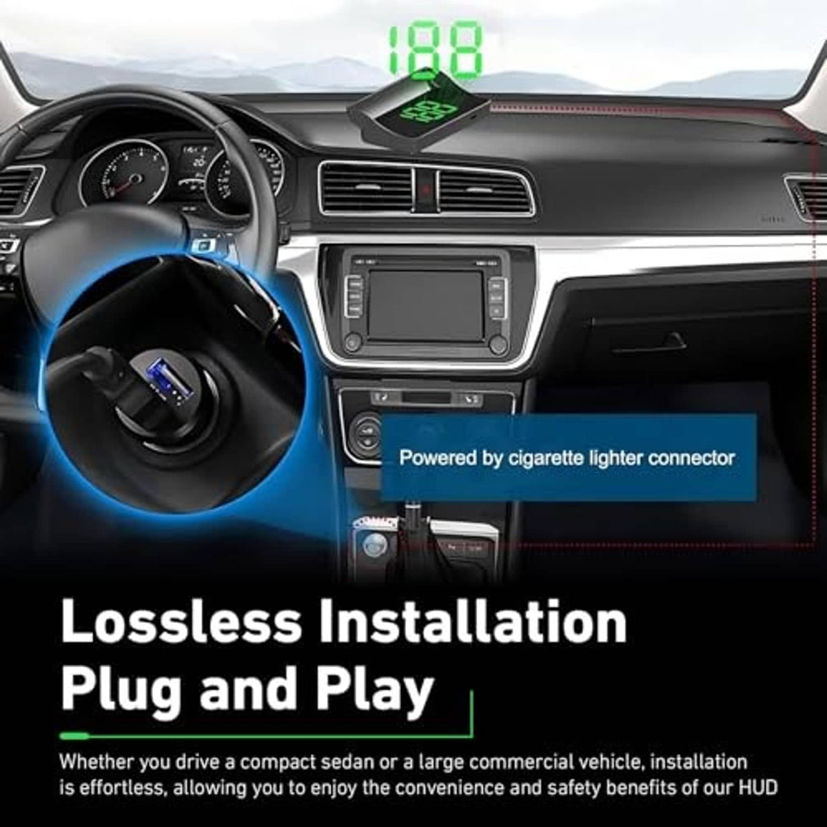 Car dashboard view of heads-up display with green digital speed readout