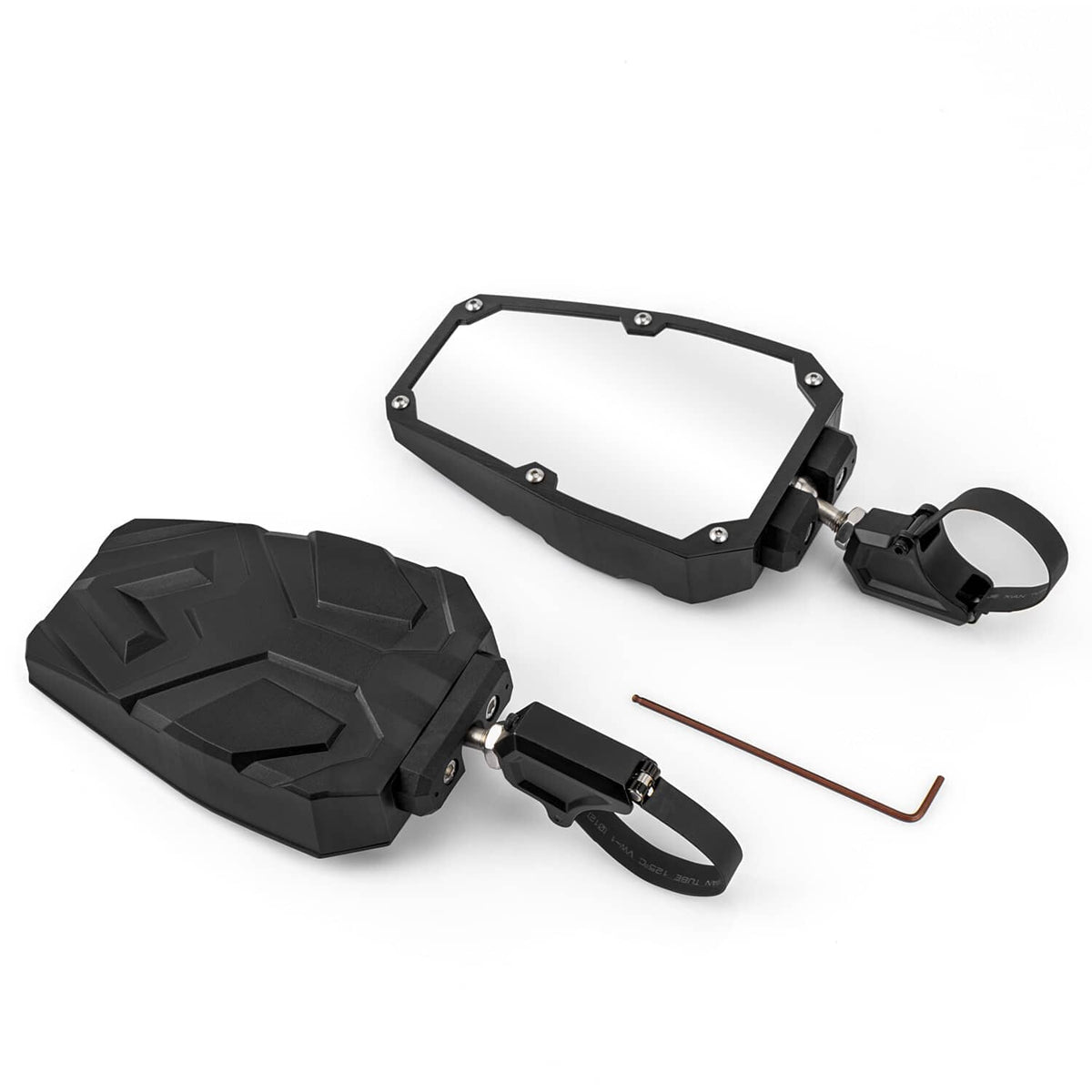 UTV rear view side mirrors with two black mirror mounts, straps, and adjustment tool