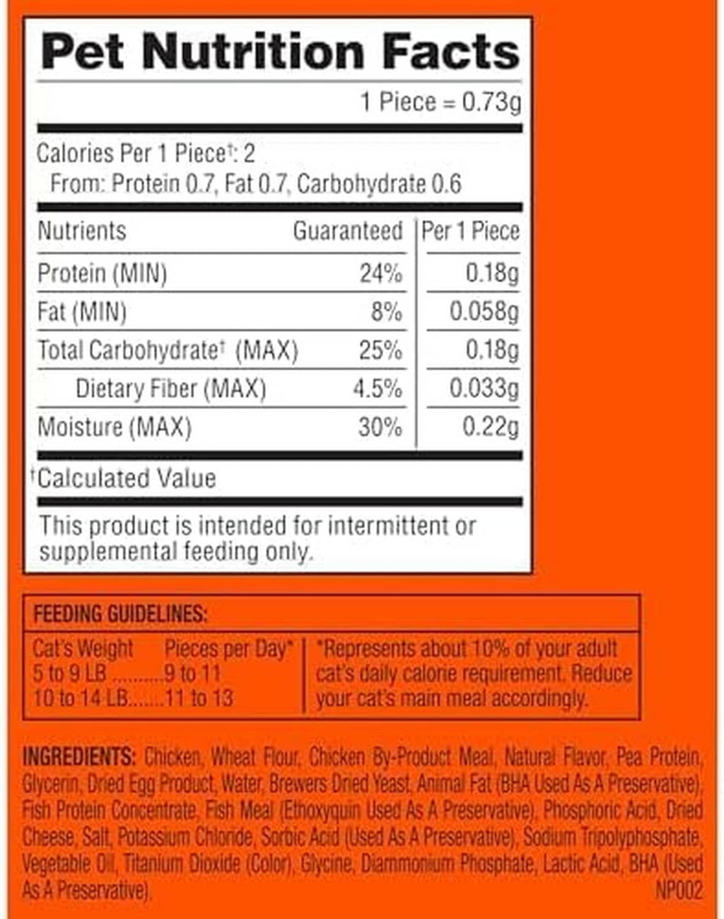 Pet nutrition facts panel for cat treats with calories and feeding guidelines