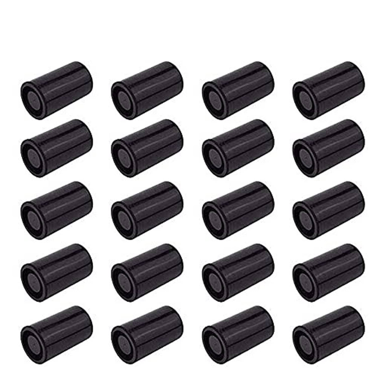 Set of black plastic film canisters, cylindrical with round end caps