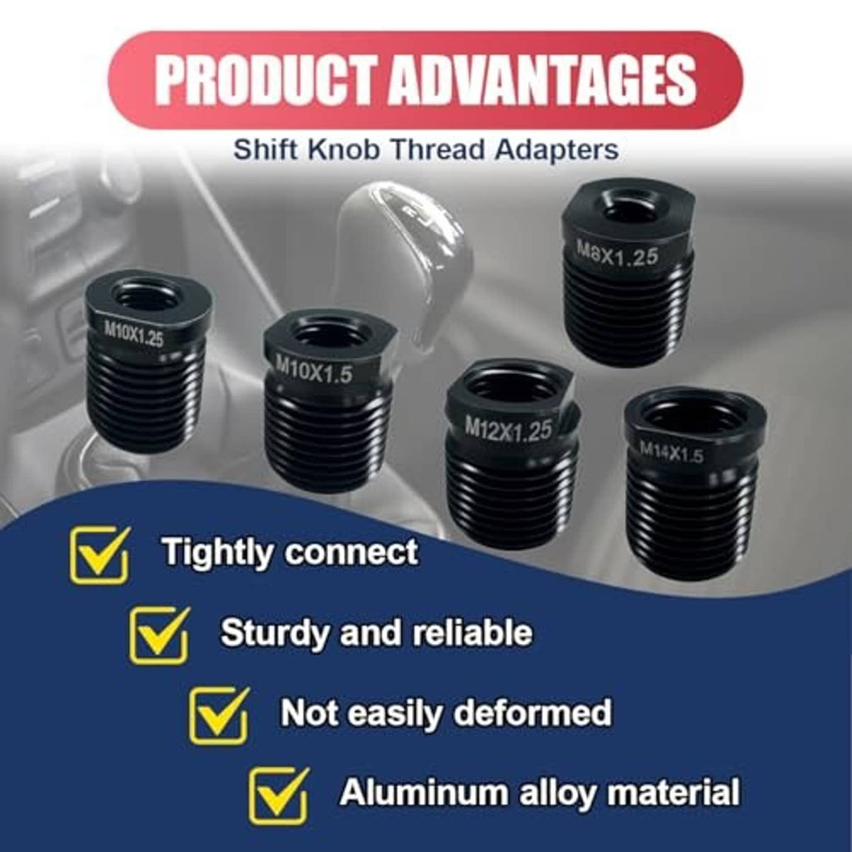 Black aluminum gear shift knob thread adapter set with hex heads labeled M8x1.25 to M14x1.5