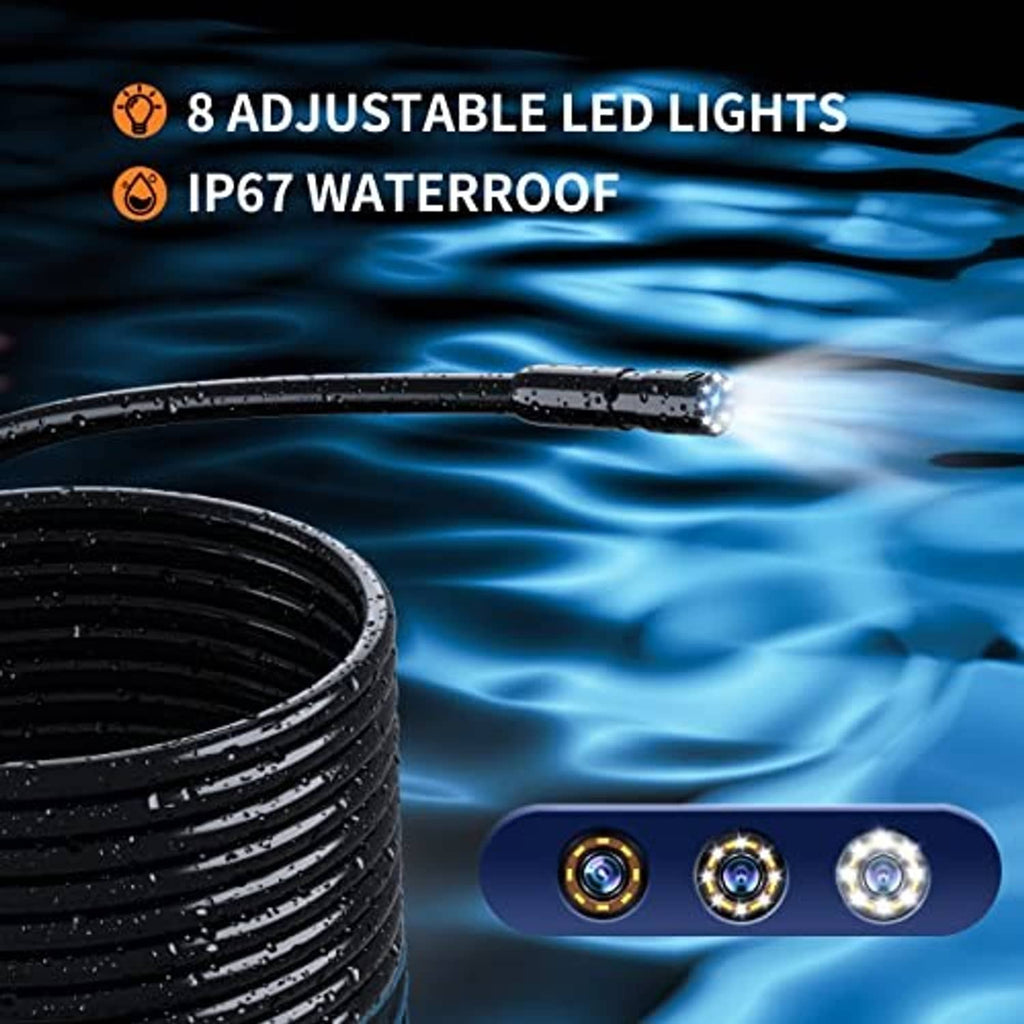 Waterproof borescope camera with coiled cable and adjustable LED light lens