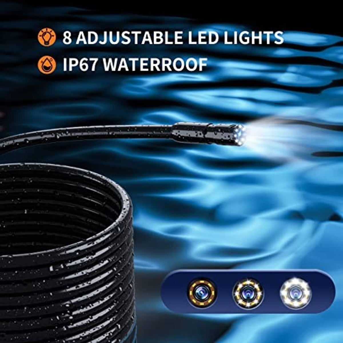 Waterproof borescope camera with coiled cable and adjustable LED light lens