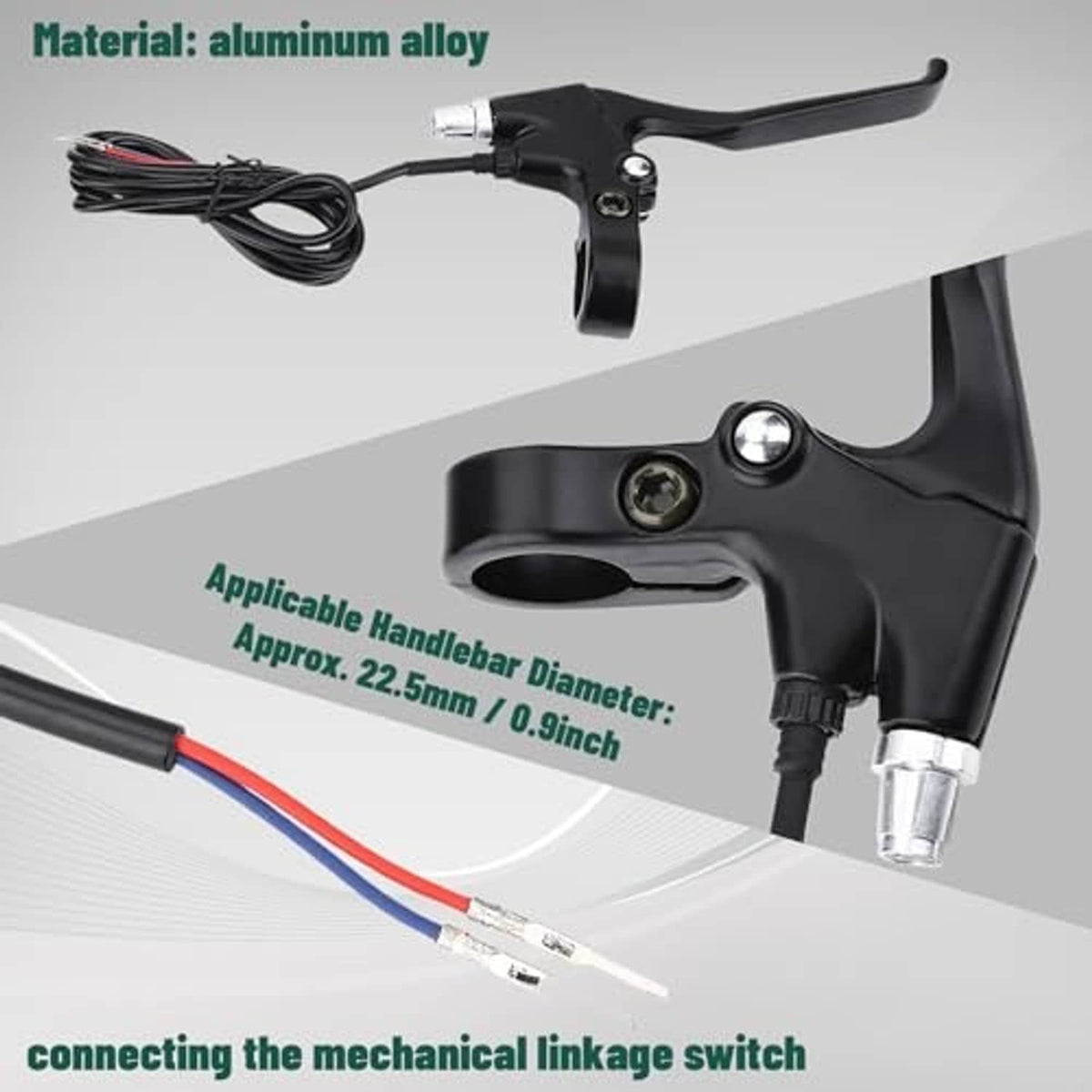 Black e-bike brake lever with cable housing and silver connector fitting