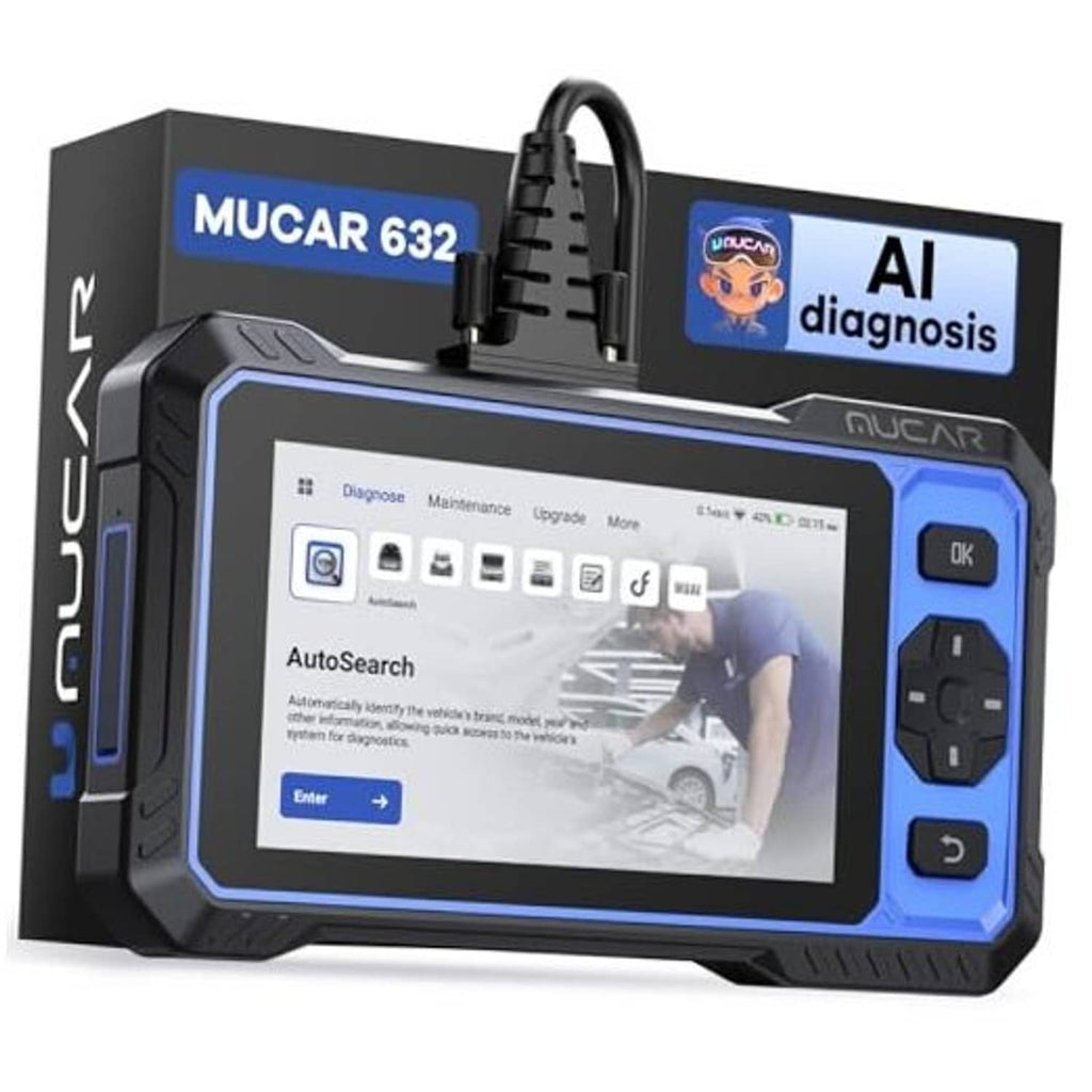 MUCAR 632 OBD2 scanner with black cable and blue-framed display for diagnostics