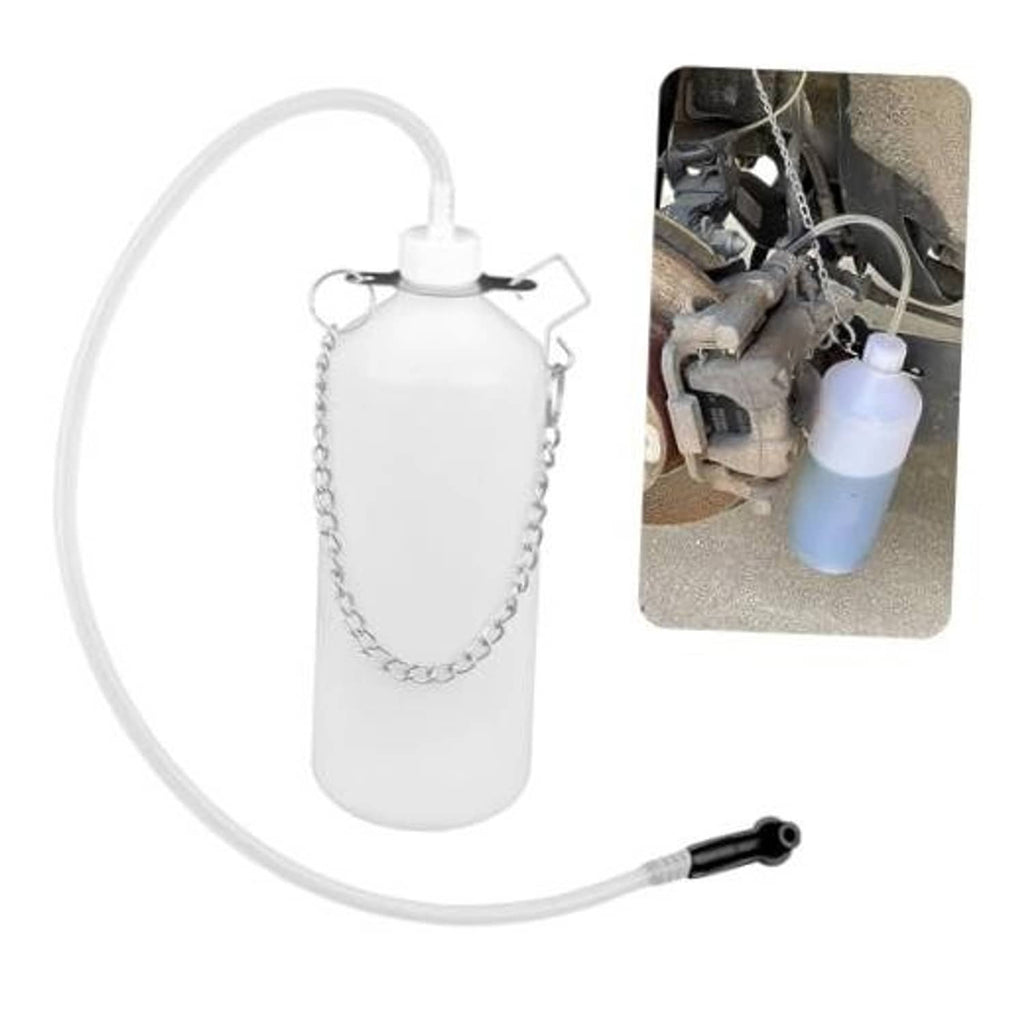 Brake bleeder bottle kit with white reservoir, clear hose, and black hose connector