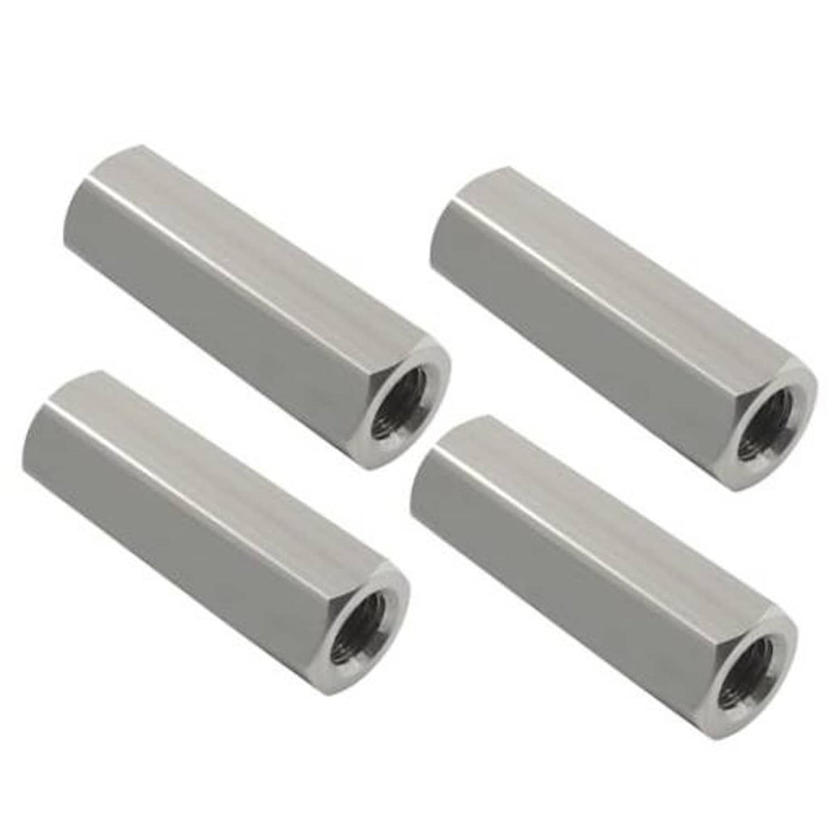 Hex coupling nuts set, silver metal, M8 threaded connectors with internal hole