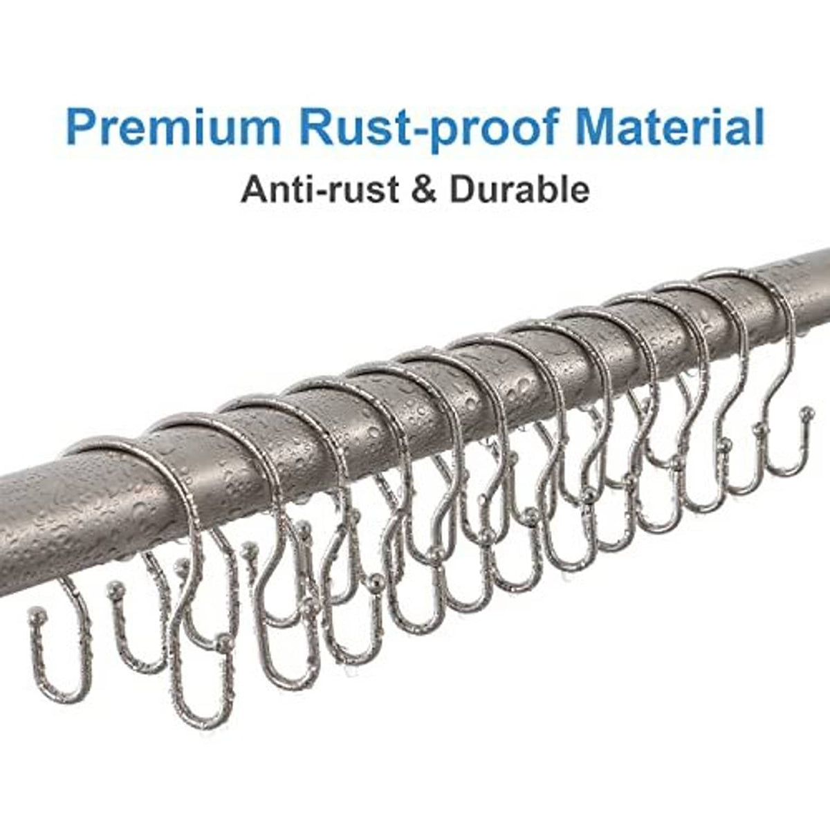 Anti-rust stainless steel double shower curtain hooks lined on rod, chrome silver