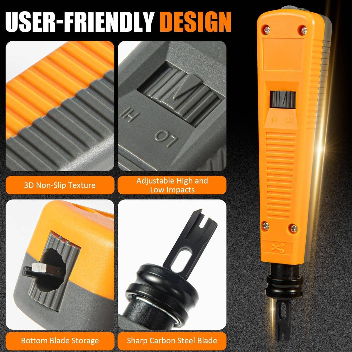 Orange punch-down tool with textured grip and exposed blade opening.