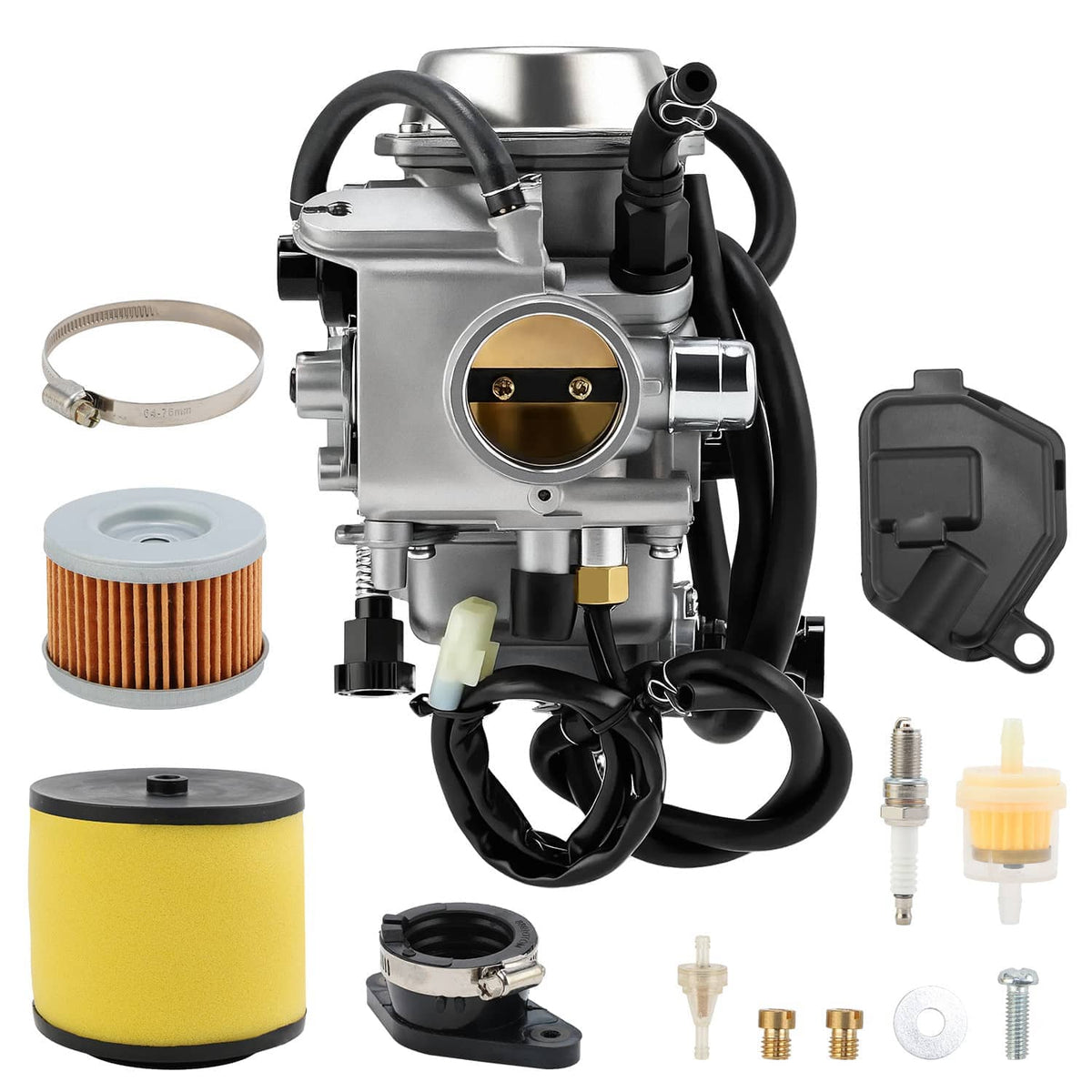 Carburetor front view with air filter and hoses, silver housing and black cables