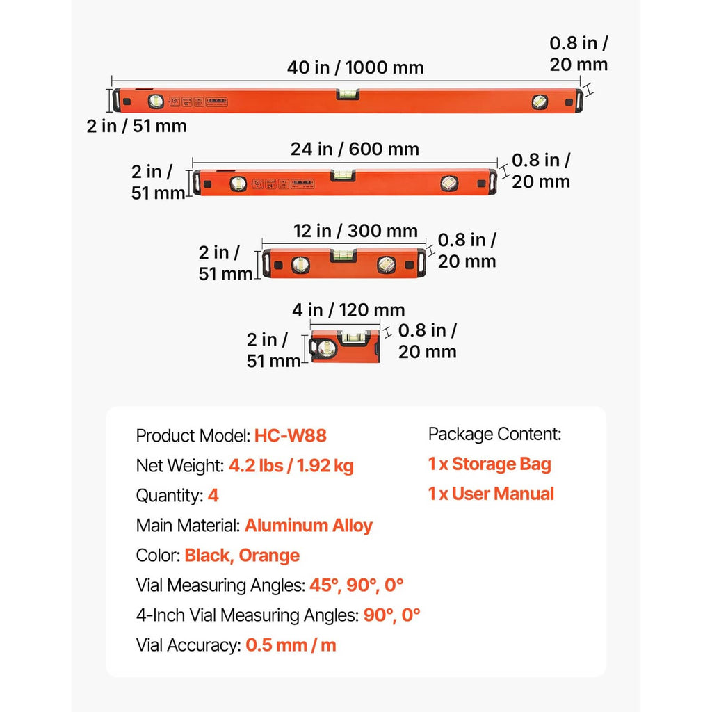 Diagram of orange torpedo levels with different lengths and vial placements