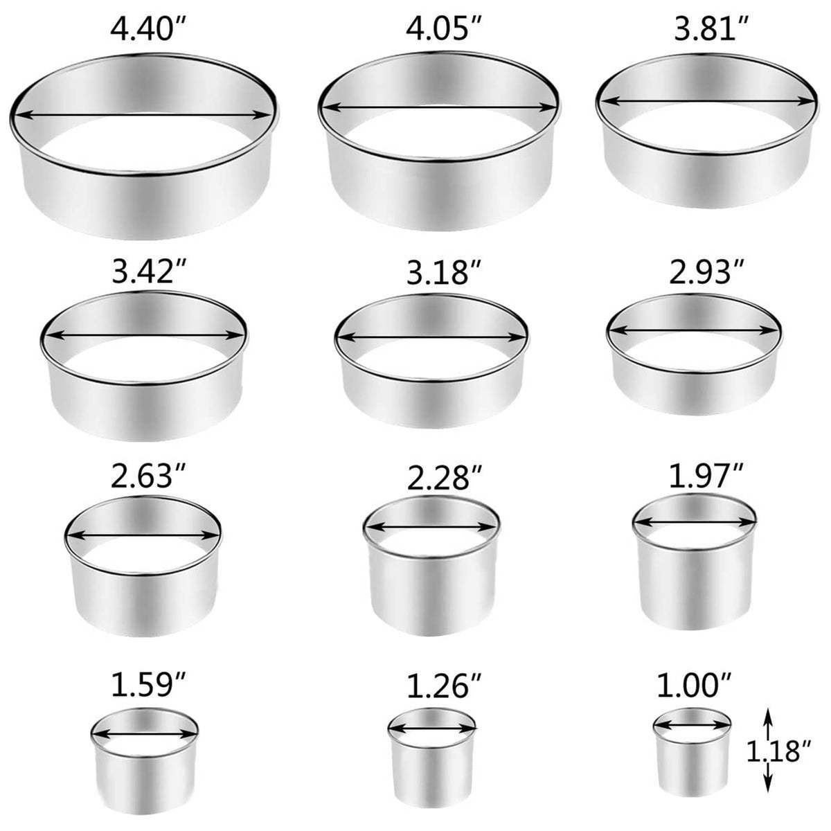 Stainless steel round cookie cutter set with size measurements on nested rings