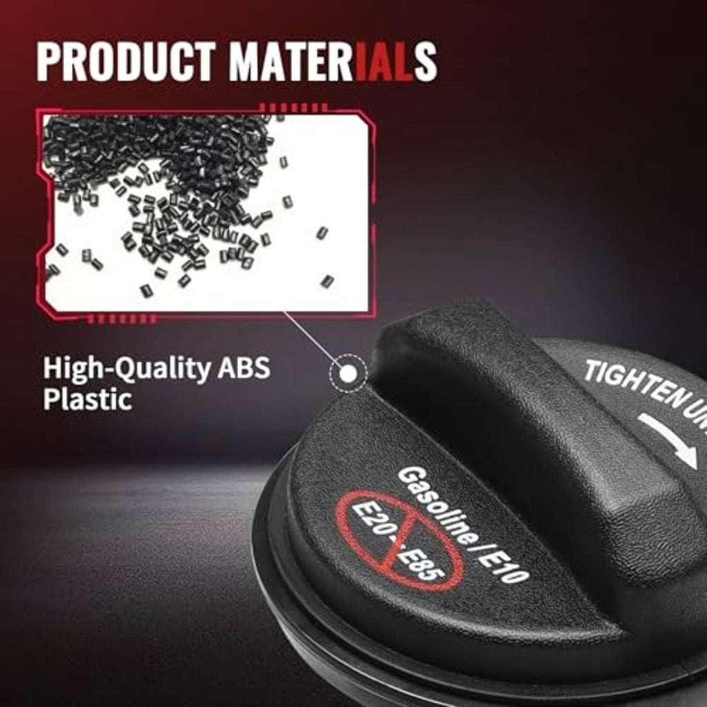 Black fuel tank gas cap with TIGHTEN UNTIL CLICKS text and ABS plastic material note