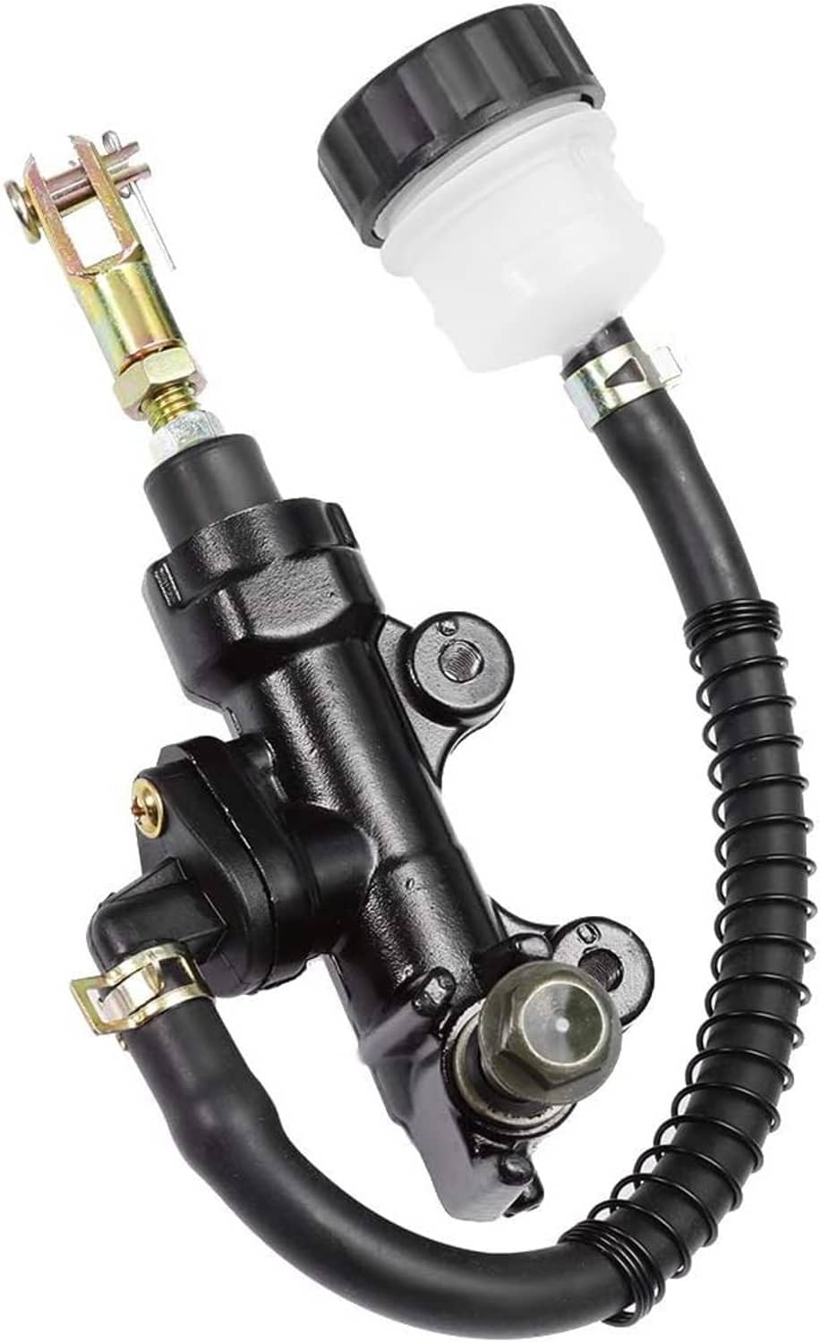 Rear brake master cylinder pump with reservoir and coiled black brake line